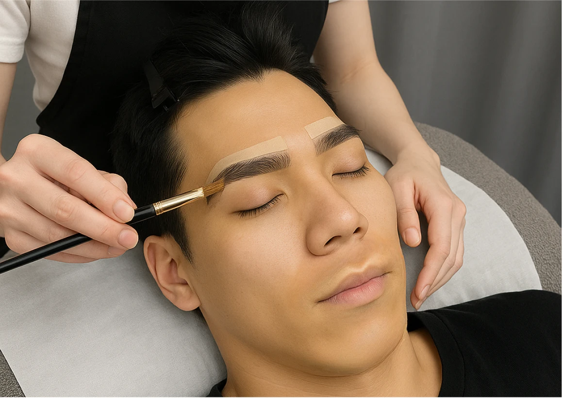 眉毛デザインを筆で整えている様子