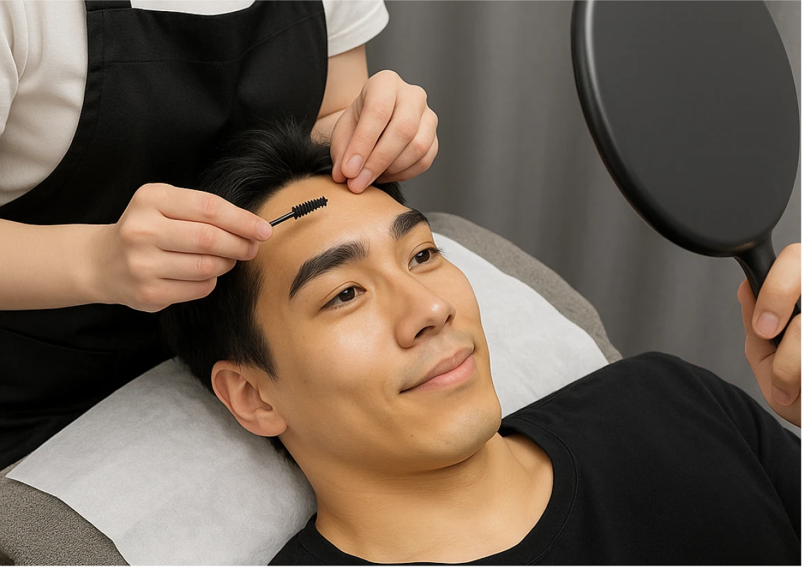 整った眉毛を確認する様子